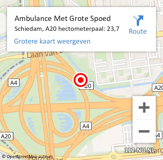 Locatie op kaart van de 112 melding: Ambulance Met Grote Spoed Naar Schiedam, A20 hectometerpaal: 23,7 op 5 juni 2022 07:00