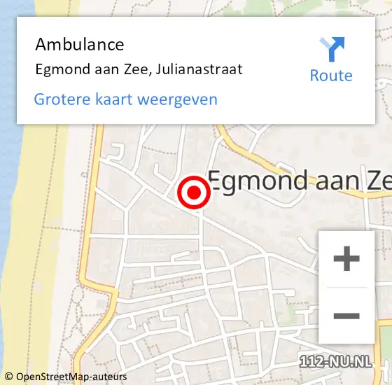 Locatie op kaart van de 112 melding: Ambulance Egmond aan Zee, Julianastraat op 5 juni 2022 11:21