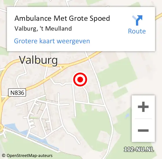 Locatie op kaart van de 112 melding: Ambulance Met Grote Spoed Naar Valburg, 't Meulland op 5 juni 2022 12:39