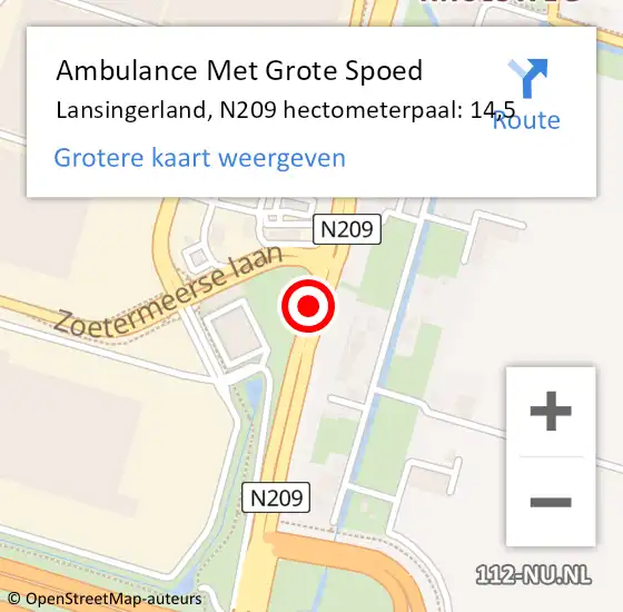 Locatie op kaart van de 112 melding: Ambulance Met Grote Spoed Naar Lansingerland, N209 hectometerpaal: 14,5 op 5 juni 2022 12:55