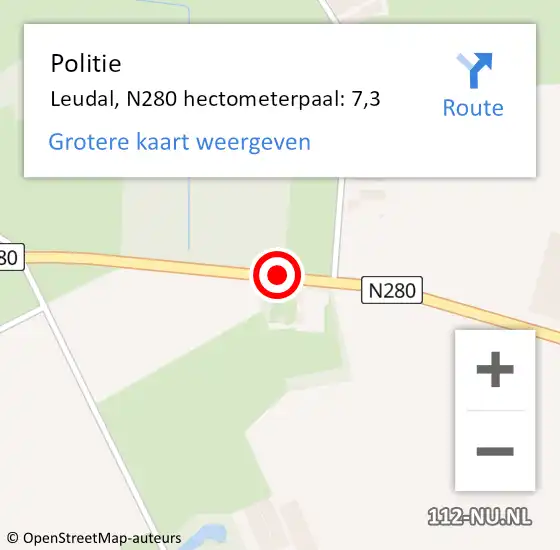 Locatie op kaart van de 112 melding: Politie Leudal, N280 hectometerpaal: 7,3 op 5 juni 2022 13:45