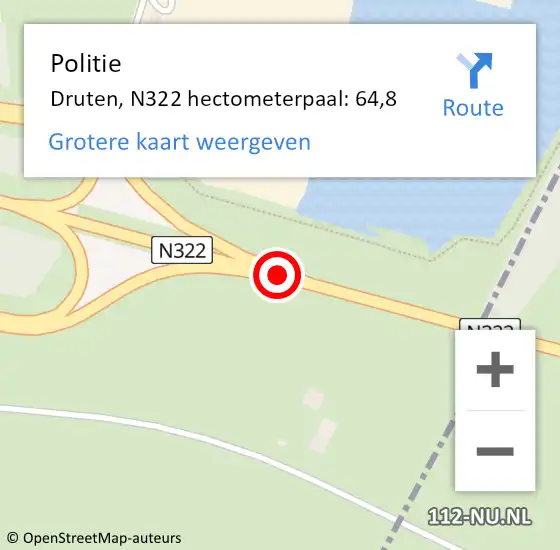 Locatie op kaart van de 112 melding: Politie Druten, N322 hectometerpaal: 64,8 op 5 juni 2022 13:52