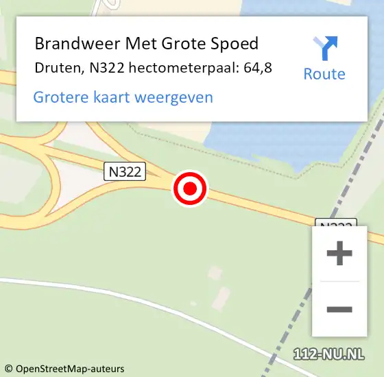 Locatie op kaart van de 112 melding: Brandweer Met Grote Spoed Naar Druten, N322 hectometerpaal: 64,8 op 5 juni 2022 13:53