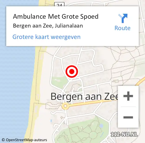 Locatie op kaart van de 112 melding: Ambulance Met Grote Spoed Naar Bergen aan Zee, Julianalaan op 5 juni 2022 15:03