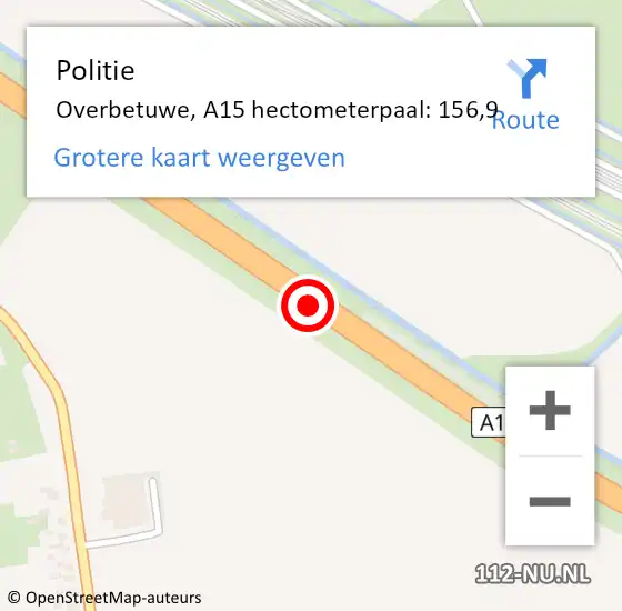 Locatie op kaart van de 112 melding: Politie Overbetuwe, A15 hectometerpaal: 156,9 op 5 juni 2022 16:36