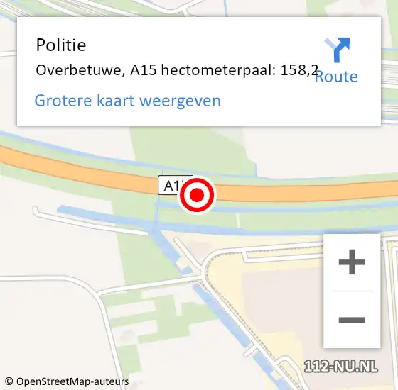 Locatie op kaart van de 112 melding: Politie Overbetuwe, A15 hectometerpaal: 158,2 op 5 juni 2022 16:38