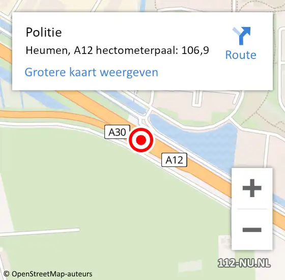 Locatie op kaart van de 112 melding: Politie Heumen, A12 hectometerpaal: 106,9 op 5 juni 2022 16:38