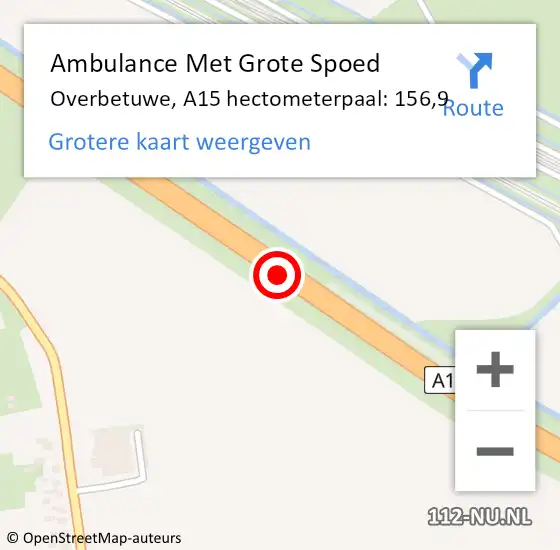 Locatie op kaart van de 112 melding: Ambulance Met Grote Spoed Naar Overbetuwe, A15 hectometerpaal: 156,9 op 5 juni 2022 16:39