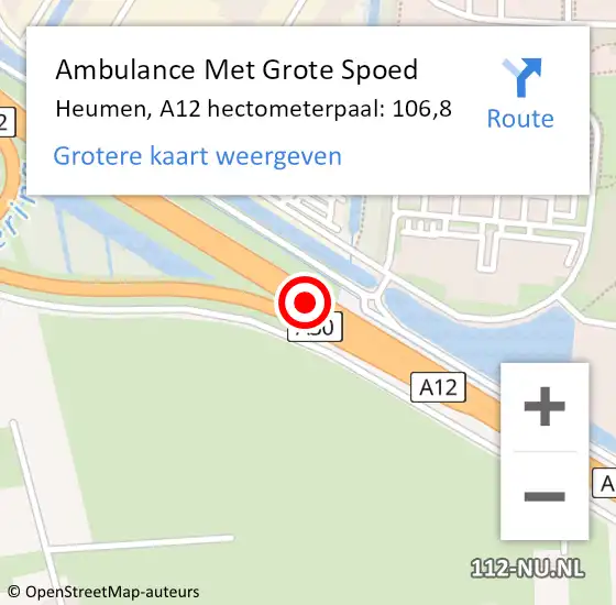 Locatie op kaart van de 112 melding: Ambulance Met Grote Spoed Naar Heumen, A12 hectometerpaal: 106,8 op 5 juni 2022 16:41