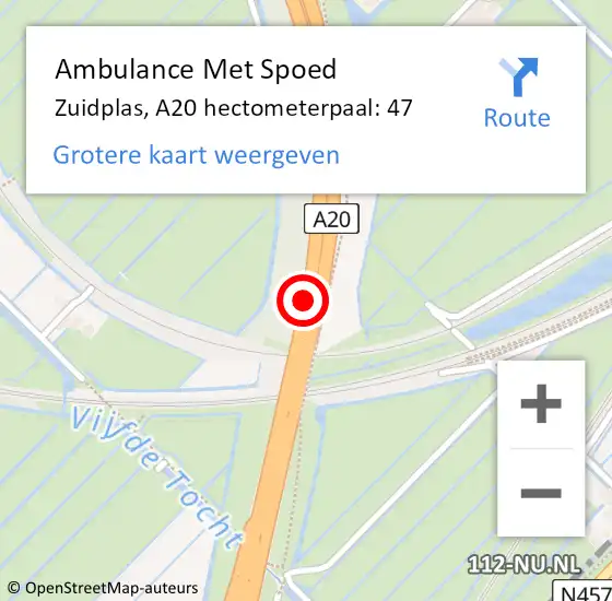 Locatie op kaart van de 112 melding: Ambulance Met Spoed Naar Zuidplas, A20 hectometerpaal: 47 op 5 juni 2022 17:46