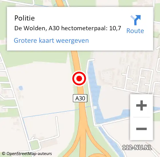 Locatie op kaart van de 112 melding: Politie De Wolden, A30 hectometerpaal: 10,7 op 5 juni 2022 17:48