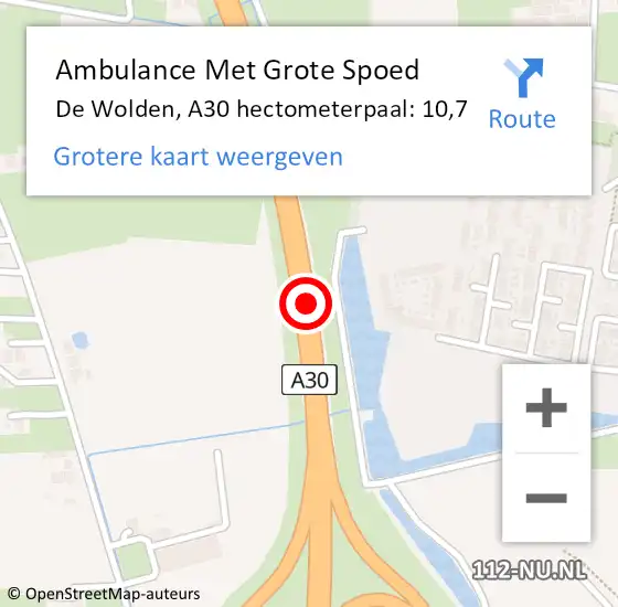 Locatie op kaart van de 112 melding: Ambulance Met Grote Spoed Naar De Wolden, A30 hectometerpaal: 10,7 op 5 juni 2022 17:48