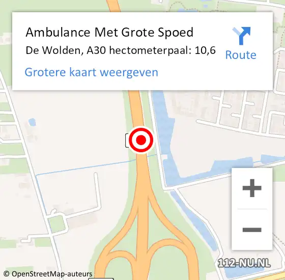 Locatie op kaart van de 112 melding: Ambulance Met Grote Spoed Naar De Wolden, A30 hectometerpaal: 10,6 op 5 juni 2022 17:53