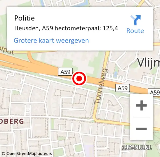 Locatie op kaart van de 112 melding: Politie Heusden, A59 hectometerpaal: 125,4 op 5 juni 2022 18:03