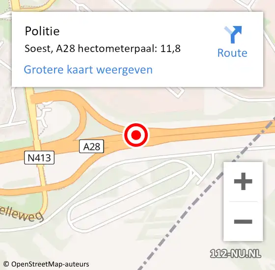 Locatie op kaart van de 112 melding: Politie Soest, A28 hectometerpaal: 11,8 op 5 juni 2022 18:15