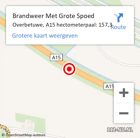 Locatie op kaart van de 112 melding: Brandweer Met Grote Spoed Naar Overbetuwe, A15 hectometerpaal: 157,3 op 5 juni 2022 20:10