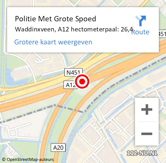 Locatie op kaart van de 112 melding: Politie Met Grote Spoed Naar Waddinxveen, A12 hectometerpaal: 26,4 op 5 juni 2022 20:32