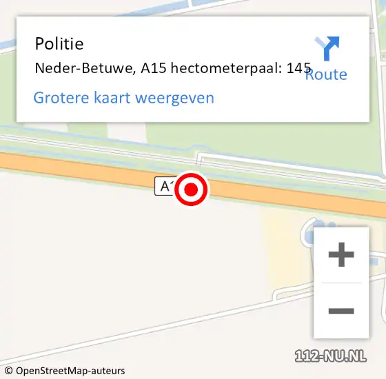 Locatie op kaart van de 112 melding: Politie Neder-Betuwe, A15 hectometerpaal: 145 op 5 juni 2022 21:17