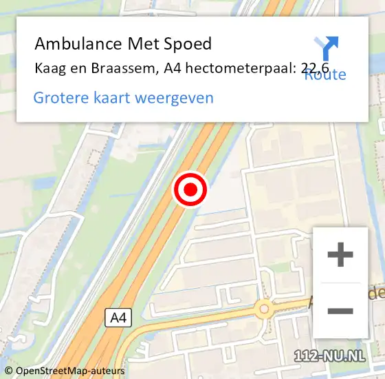 Locatie op kaart van de 112 melding: Ambulance Met Spoed Naar Kaag en Braassem, A4 hectometerpaal: 22,6 op 6 juni 2022 02:14