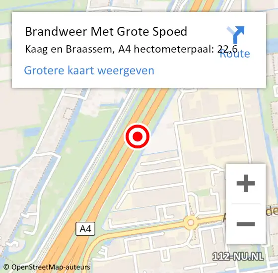 Locatie op kaart van de 112 melding: Brandweer Met Grote Spoed Naar Kaag en Braassem, A4 hectometerpaal: 22,6 op 6 juni 2022 02:16