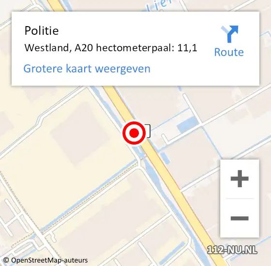 Locatie op kaart van de 112 melding: Politie Westland, A20 hectometerpaal: 11,1 op 6 juni 2022 06:13