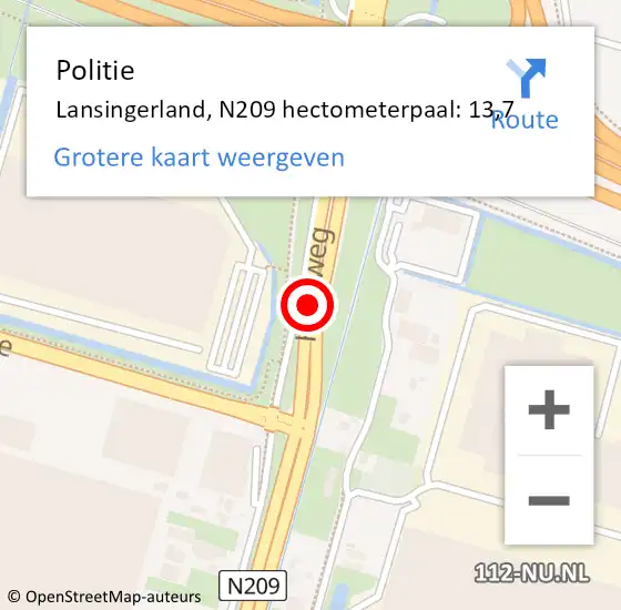 Locatie op kaart van de 112 melding: Politie Lansingerland, N209 hectometerpaal: 13,7 op 6 juni 2022 14:50