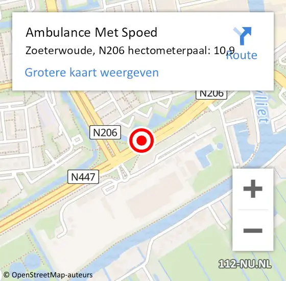 Locatie op kaart van de 112 melding: Ambulance Met Spoed Naar Zoeterwoude, N206 hectometerpaal: 10,9 op 6 juni 2022 15:52
