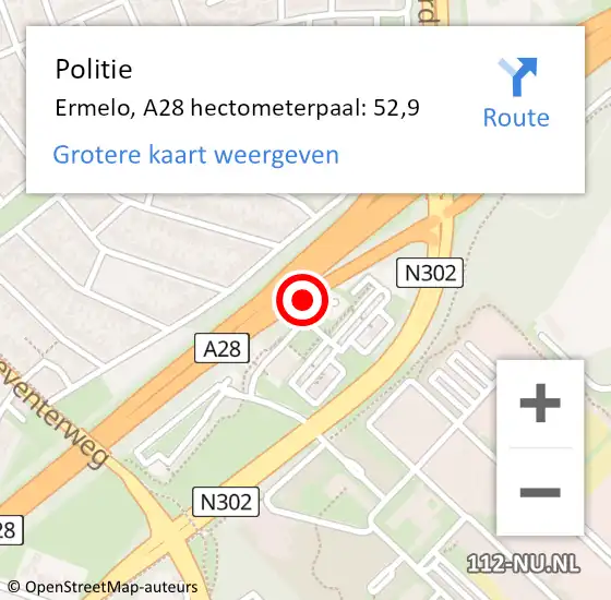 Locatie op kaart van de 112 melding: Politie Ermelo, A28 hectometerpaal: 52,9 op 6 juni 2022 15:58