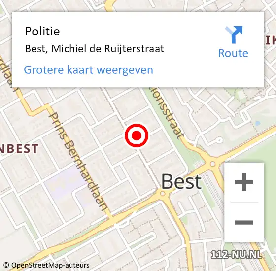 Locatie op kaart van de 112 melding: Politie Best, Michiel de Ruijterstraat op 6 juni 2022 16:04