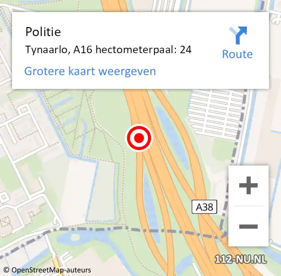 Locatie op kaart van de 112 melding: Politie Tynaarlo, A16 hectometerpaal: 24 op 6 juni 2022 16:15