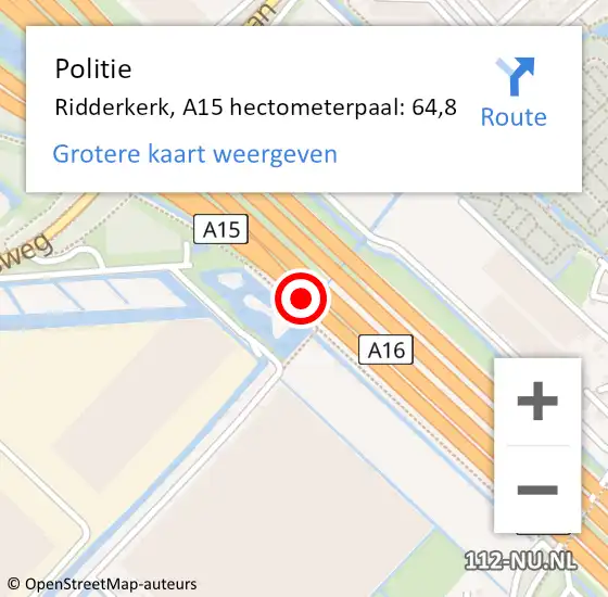Locatie op kaart van de 112 melding: Politie Ridderkerk, A15 hectometerpaal: 64,8 op 6 juni 2022 16:18