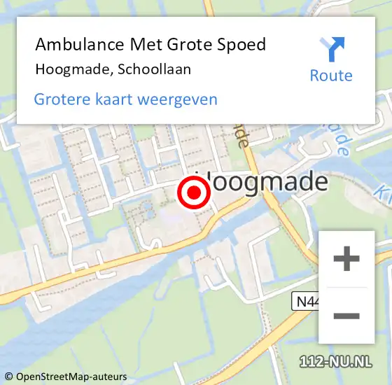 Locatie op kaart van de 112 melding: Ambulance Met Grote Spoed Naar Hoogmade, Schoollaan op 6 juni 2022 16:42