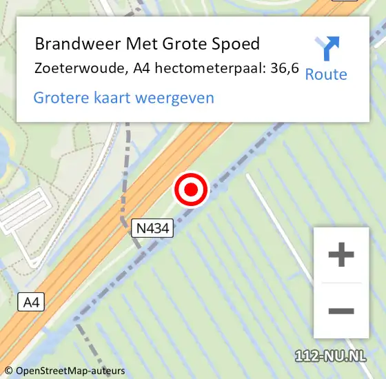 Locatie op kaart van de 112 melding: Brandweer Met Grote Spoed Naar Zoeterwoude, A4 hectometerpaal: 36,6 op 6 juni 2022 16:53