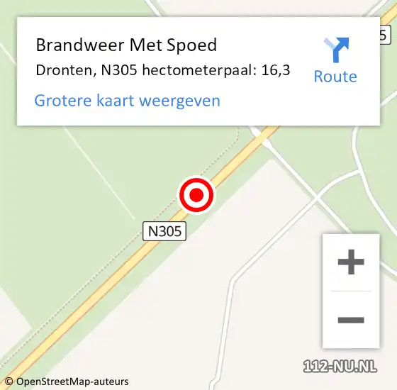 Locatie op kaart van de 112 melding: Brandweer Met Spoed Naar Dronten, N305 hectometerpaal: 16,3 op 6 juni 2022 17:14