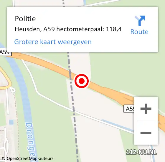 Locatie op kaart van de 112 melding: Politie Waalwijk, A59 hectometerpaal: 118,4 op 6 juni 2022 17:20