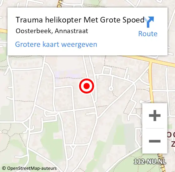 Locatie op kaart van de 112 melding: Trauma helikopter Met Grote Spoed Naar Oosterbeek, Annastraat op 6 juni 2022 18:43