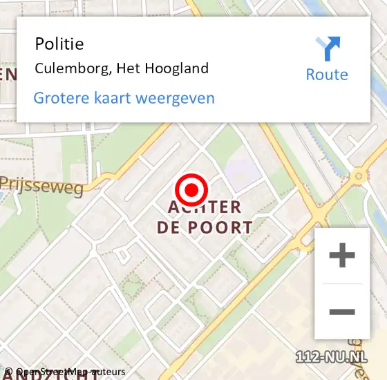 Locatie op kaart van de 112 melding: Politie Culemborg, Het Hoogland op 6 juni 2022 18:46