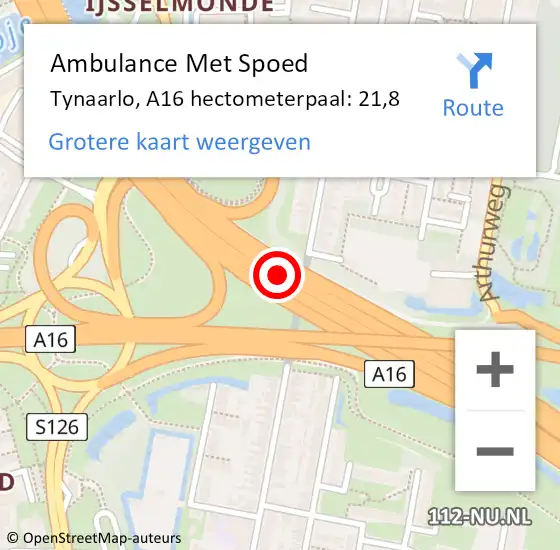 Locatie op kaart van de 112 melding: Ambulance Met Spoed Naar Tynaarlo, A16 hectometerpaal: 21,8 op 6 juni 2022 19:49