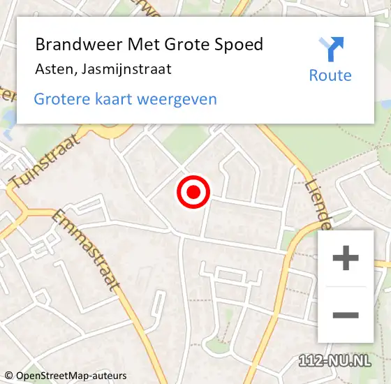 Locatie op kaart van de 112 melding: Brandweer Met Grote Spoed Naar Asten, Jasmijnstraat op 6 juni 2022 20:21