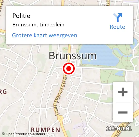 Locatie op kaart van de 112 melding: Politie Brunssum, Lindeplein op 6 juni 2022 20:25