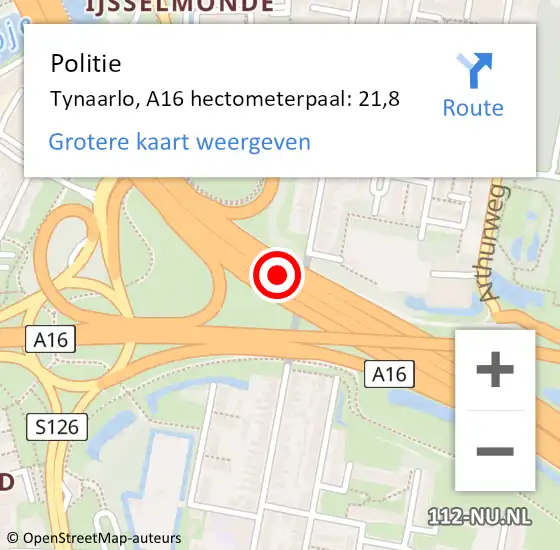 Locatie op kaart van de 112 melding: Politie Tynaarlo, A16 hectometerpaal: 21,8 op 6 juni 2022 20:48