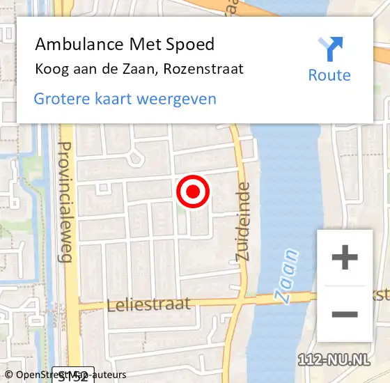 Locatie op kaart van de 112 melding: Ambulance Met Spoed Naar Koog aan de Zaan, Rozenstraat op 6 juni 2022 22:55