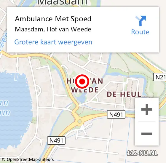 Locatie op kaart van de 112 melding: Ambulance Met Spoed Naar Maasdam, Hof van Weede op 6 juni 2022 23:47