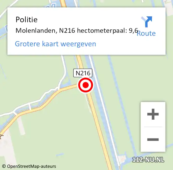 Locatie op kaart van de 112 melding: Politie Molenlanden, N216 hectometerpaal: 9,6 op 7 juni 2022 02:06