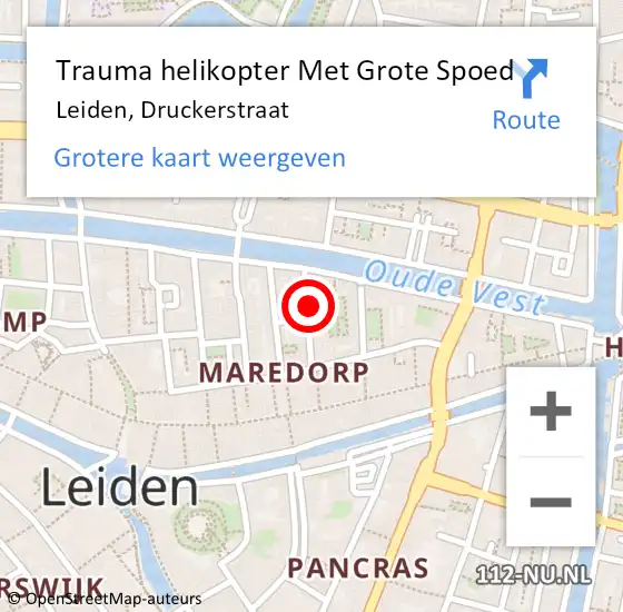 Locatie op kaart van de 112 melding: Trauma helikopter Met Grote Spoed Naar Leiden, Druckerstraat op 7 juni 2022 02:56