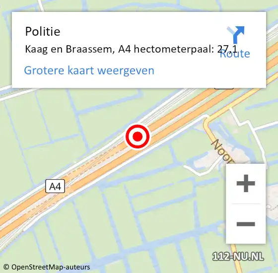 Locatie op kaart van de 112 melding: Politie Kaag en Braassem, A4 hectometerpaal: 27,1 op 7 juni 2022 06:56