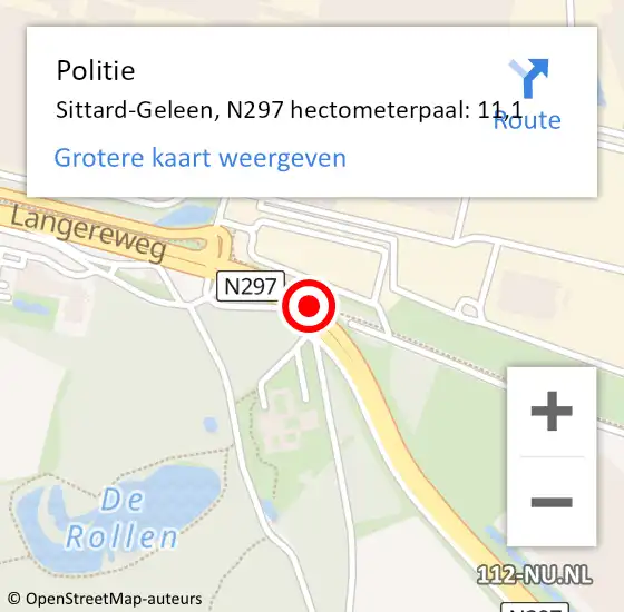Locatie op kaart van de 112 melding: Politie Sittard-Geleen, N297 hectometerpaal: 11,1 op 7 juni 2022 07:00