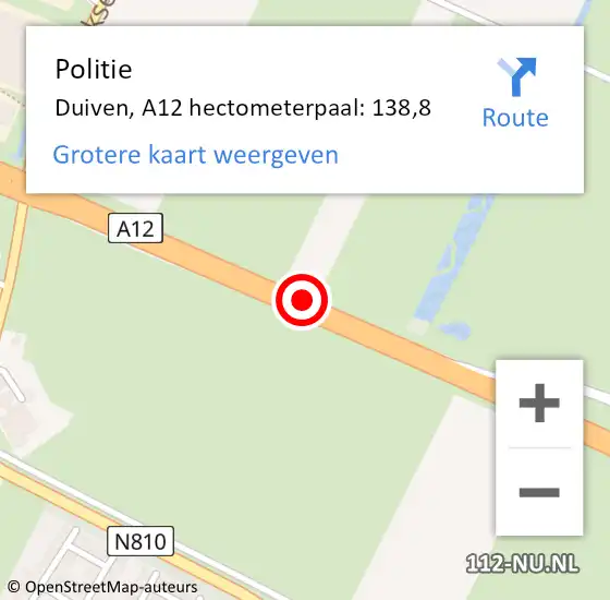 Locatie op kaart van de 112 melding: Politie Duiven, A12 hectometerpaal: 138,8 op 7 juni 2022 07:53