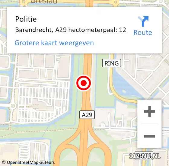 Locatie op kaart van de 112 melding: Politie Barendrecht, A29 hectometerpaal: 12 op 7 juni 2022 08:49
