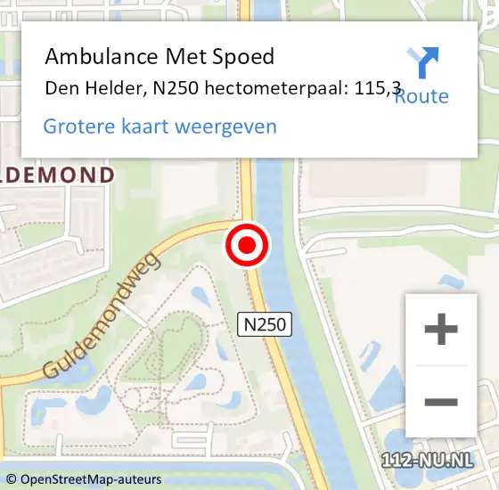 Locatie op kaart van de 112 melding: Ambulance Met Spoed Naar Den Helder, N250 hectometerpaal: 115,3 op 7 juni 2022 09:32